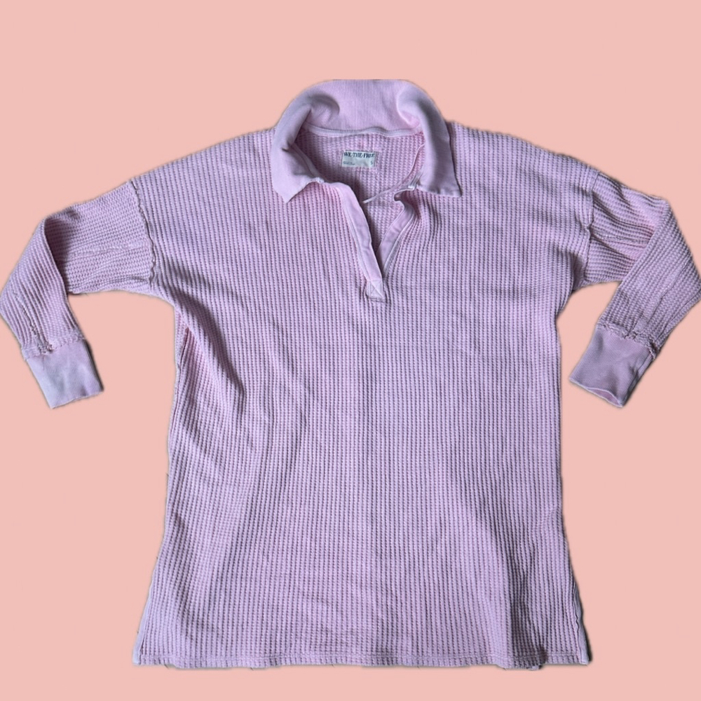 Free People We The Free Pink Waffle Knit Collared Top – Long Sleeve